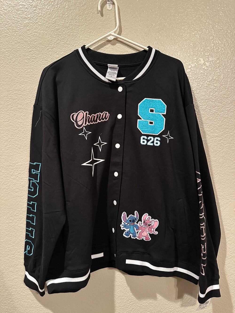 NWT Disney Angel and Stitch Experiment 626 Black embroidered Varsity Jacket M